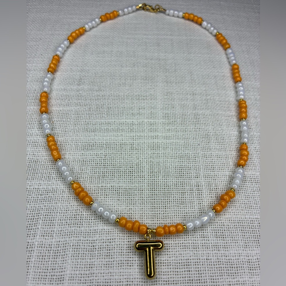 Tennessee Game Day Chic Gold and White Beaded Necklace with T Pendant